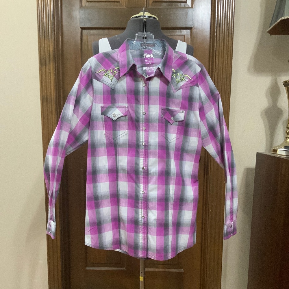 Rock 47 by Wrangler Women's Lavender Plaid Snap Western Shirt Large pre-owned